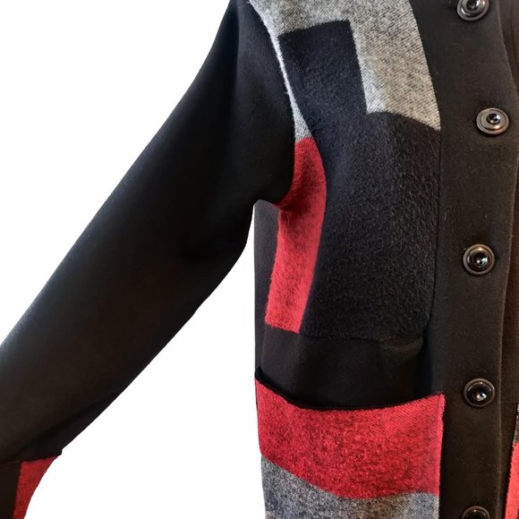 Saga Womens L? Made Italy Black Red Gray Colorblock Button Pockets Coat Jacket - Picture 6 of 10